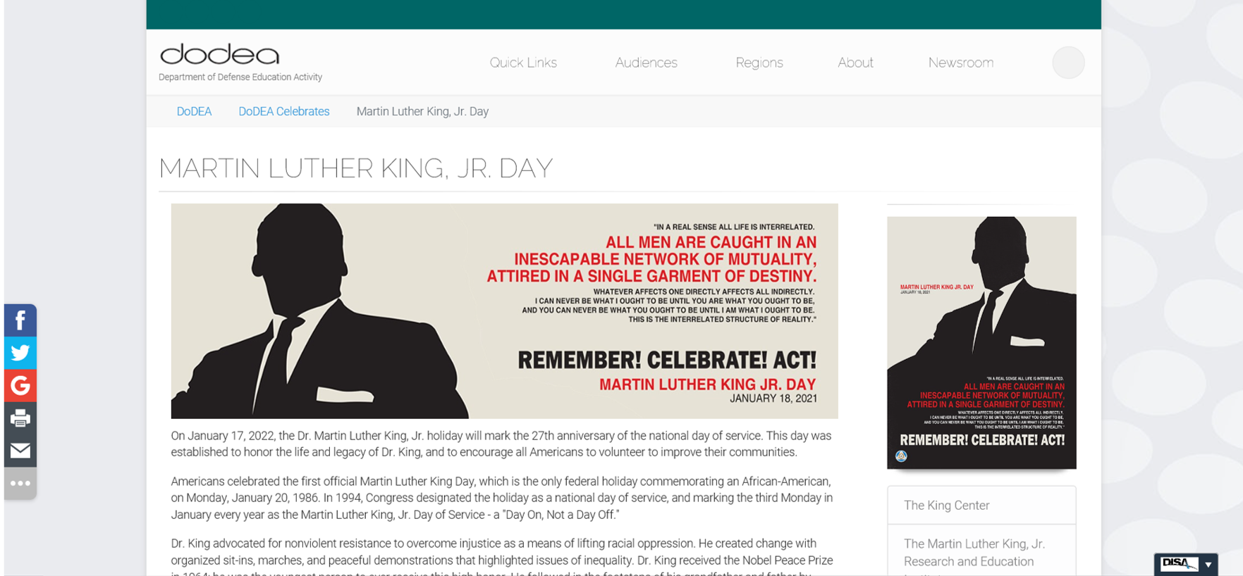 DODEA Webpage on MLK Observance